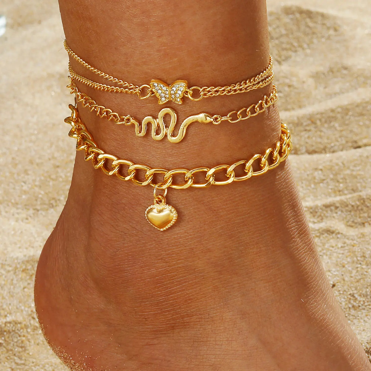 Female Women's Layered Gold Nylon Anklets Set - Retro Coin, Star, Butterfly Heart, Boho Pearl, Infinity Pendant Fashion Chic Accessories, Trendy Wearable Jewelry, Elegant Beach Summer Holiday Gift
