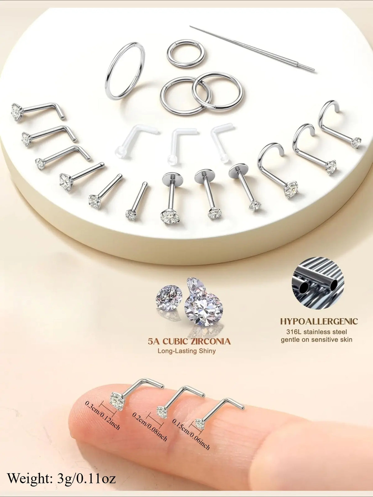 Gold Filled Nose Rings Set Studs Hoops for Women Men: Body Piercing Jewelry 20G 18G 316L Surgical Stainless Steel Hypoallergenic Dainty Simulated Diamond L Shaped/Corkscrew/Straight/Push Back Nostril Piercing Jewelry Septum Clicker Ring