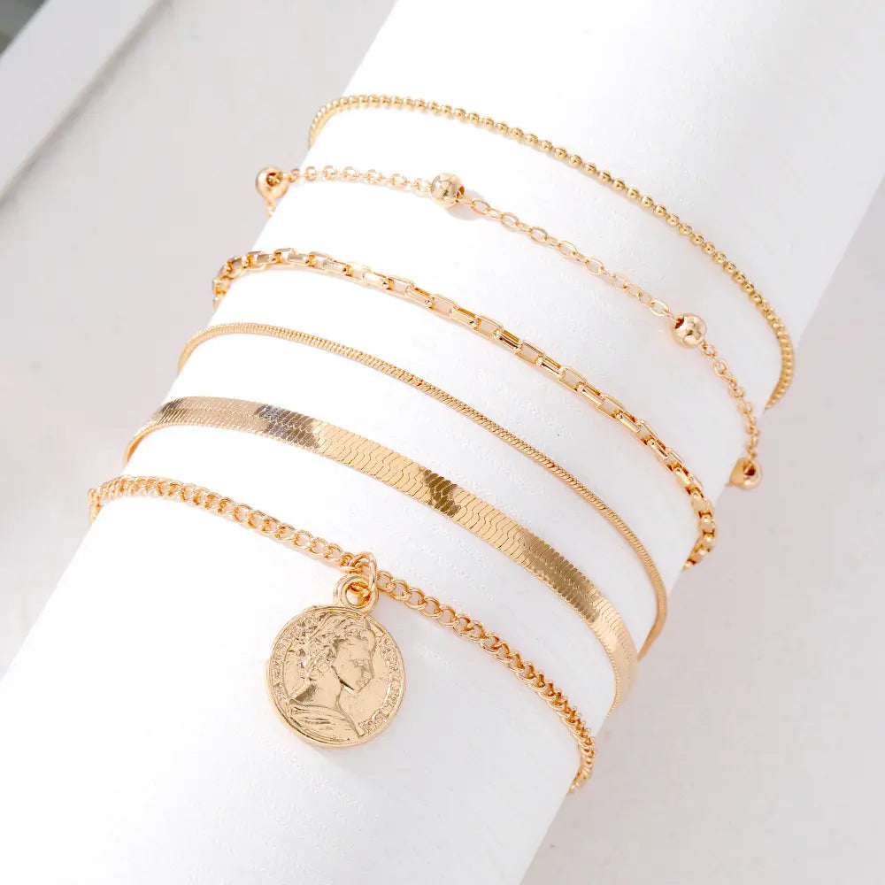 Female Women's Layered Gold Nylon Anklets Set - Retro Coin, Star, Butterfly Heart, Boho Pearl, Infinity Pendant Fashion Chic Accessories, Trendy Wearable Jewelry, Elegant Beach Summer Holiday Gift