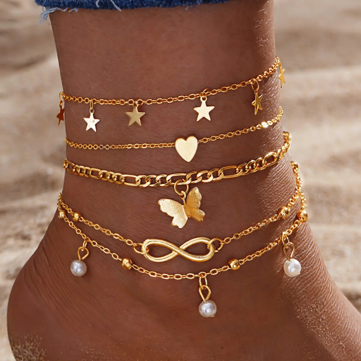 Female Women's Layered Gold Nylon Anklets Set - Retro Coin, Star, Butterfly Heart, Boho Pearl, Infinity Pendant Fashion Chic Accessories, Trendy Wearable Jewelry, Elegant Beach Summer Holiday Gift