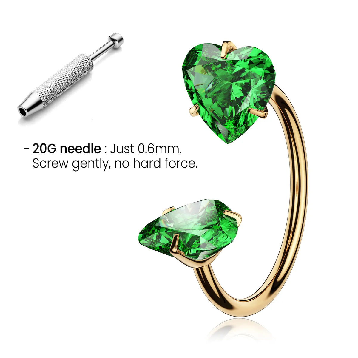 20G Titanium Heart Gems Horseshoe Nose Ring Free Auxiliary Tool Ball Holder Included - Piercing Jewelry