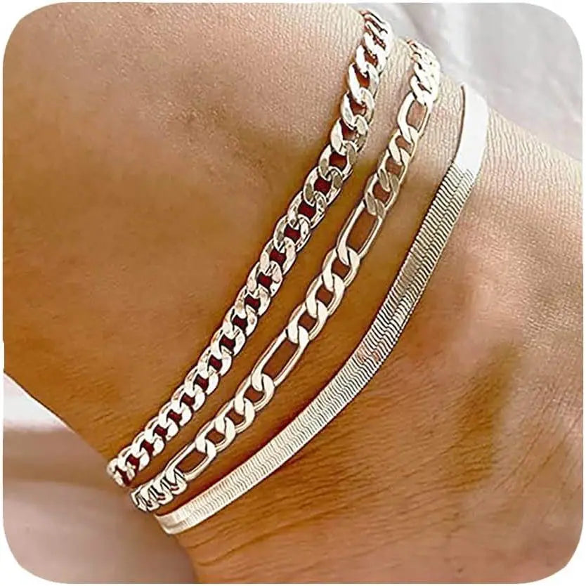 Women's 3-Piece Silver Layered Anklets Set - Waterproof Cuban Links, Figaro & Herringbone Chains, Hypoallergenic Skin-Safe Metals, Adjustable 8.5-11 in, Daily Wear with Style Beachwear Jewelry for Females