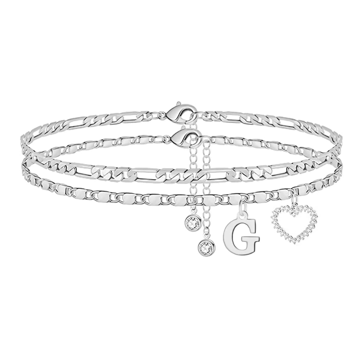 Women's Personalized Initial Alphabet Theme Anklet - Double Layer Gold Metal Coating Heart Charm, Adjustable Dainty Minimalist Stackable Chain, Aesthetic Alt Fashion Jewelry, Holiday Gift Idea, Fashion Accessories