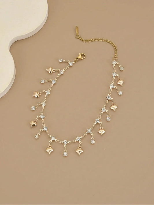 Women's Stainless Steel Heart Anklet with Shiny Rhinestones, Dainty Foot Chain Jewelry for Summer Beach Wear, Trendy Jewelry, Elegant Accessory, Fashionable Accessory, Jewellery