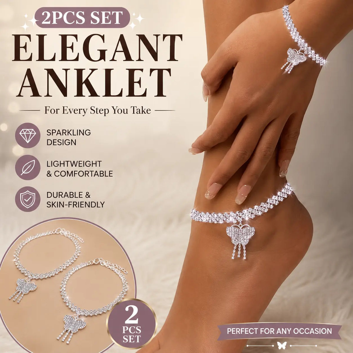 Women's 2-Piece Sparkling Claw Chain Jewelry Set - Female Bracelet & Anklet with Butterfly Charm, Bow Accent, Metal Coating (Gold, Silvery), Date-Night Glam for Engagement & Beach Parties, Arm Candy