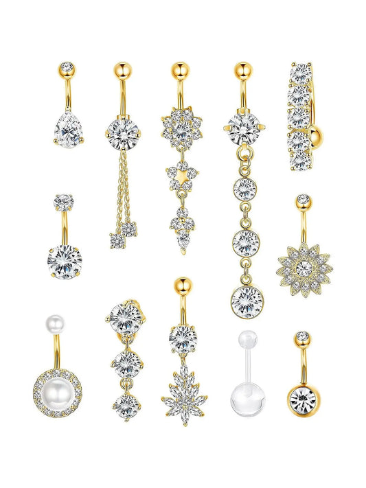 Women's Elegant Rhinestone Decor Belly Button Rings, Trendy Exquisite Belly Piercing Jewelry, Chic Body Jewelry for Party Decor Navel Ring