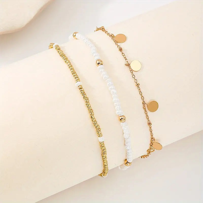 3Pcs Bohemian Rice Beads Anklet Set Multi-layer Ethnic Adjustable Handmade Seed Bead Women Ankle Chain Metal Round Piece Drop Foot Jewelry Vacation Travel Beach Bracelet Jewelry Stackable Foot Chain Set