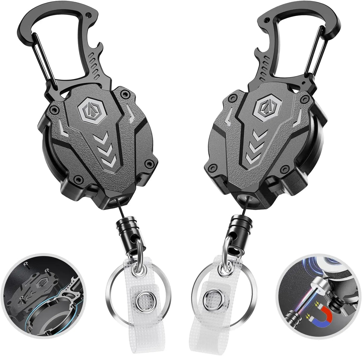 Men's 2-Pack Heavy Duty Magnetic Retractable Carabiner Keychain - Military Tactical Uniform ID Badge Holder, 31" Length Dyneema Cord, Unbreakable Sandwich Construction, 25oz Bearing, Adventure Outdoor Gear, Backpack Accessory Gift for Male Use