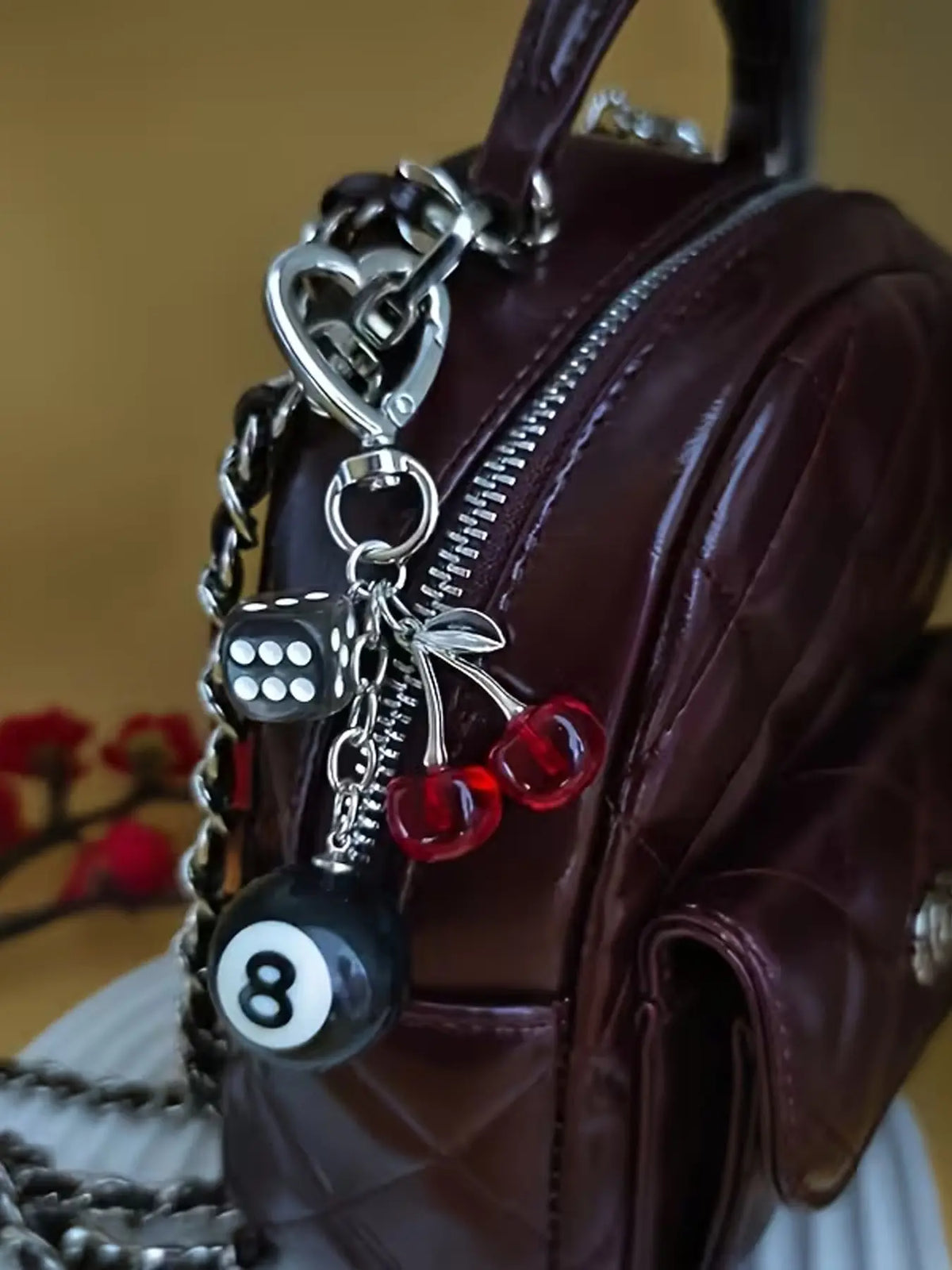 American Retro Y2K Black Dice & Eight Billiard Ball & Cherry Pendant Keychain Charms, Suitable for Decorating Keys, Bags and Earphone Cases, Accessory for Going Out and Dating, Key Accessories