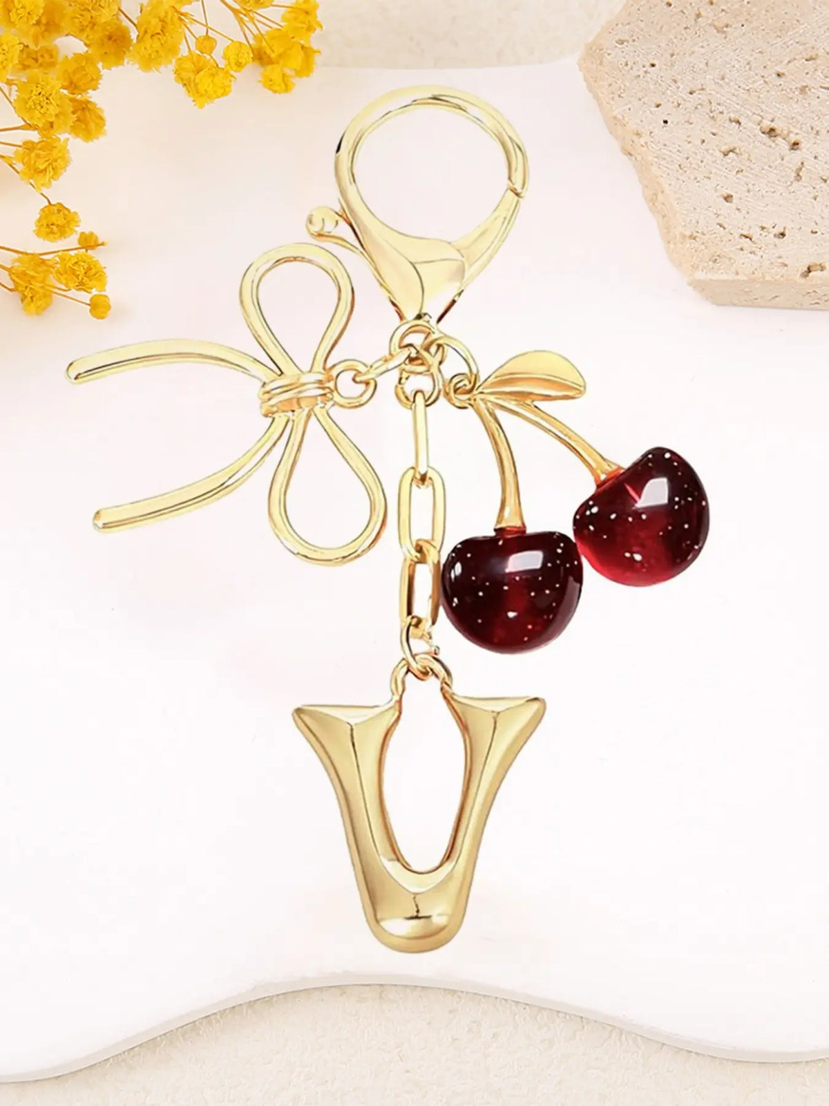 Women's Cherry Bow Letter Pendant Keychain, Cherry Design, Bow Accent, Casual Style Wallet, Handbag and Backpack Accessory, Keychain for Bags, Car Keychain for Students, Cherry Bow Keychains