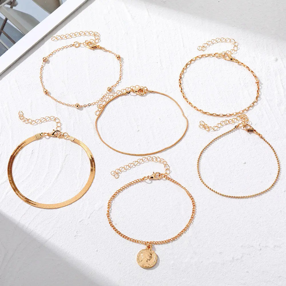 Female Women's Layered Gold Nylon Anklets Set - Retro Coin, Star, Butterfly Heart, Boho Pearl, Infinity Pendant Fashion Chic Accessories, Trendy Wearable Jewelry, Elegant Beach Summer Holiday Gift