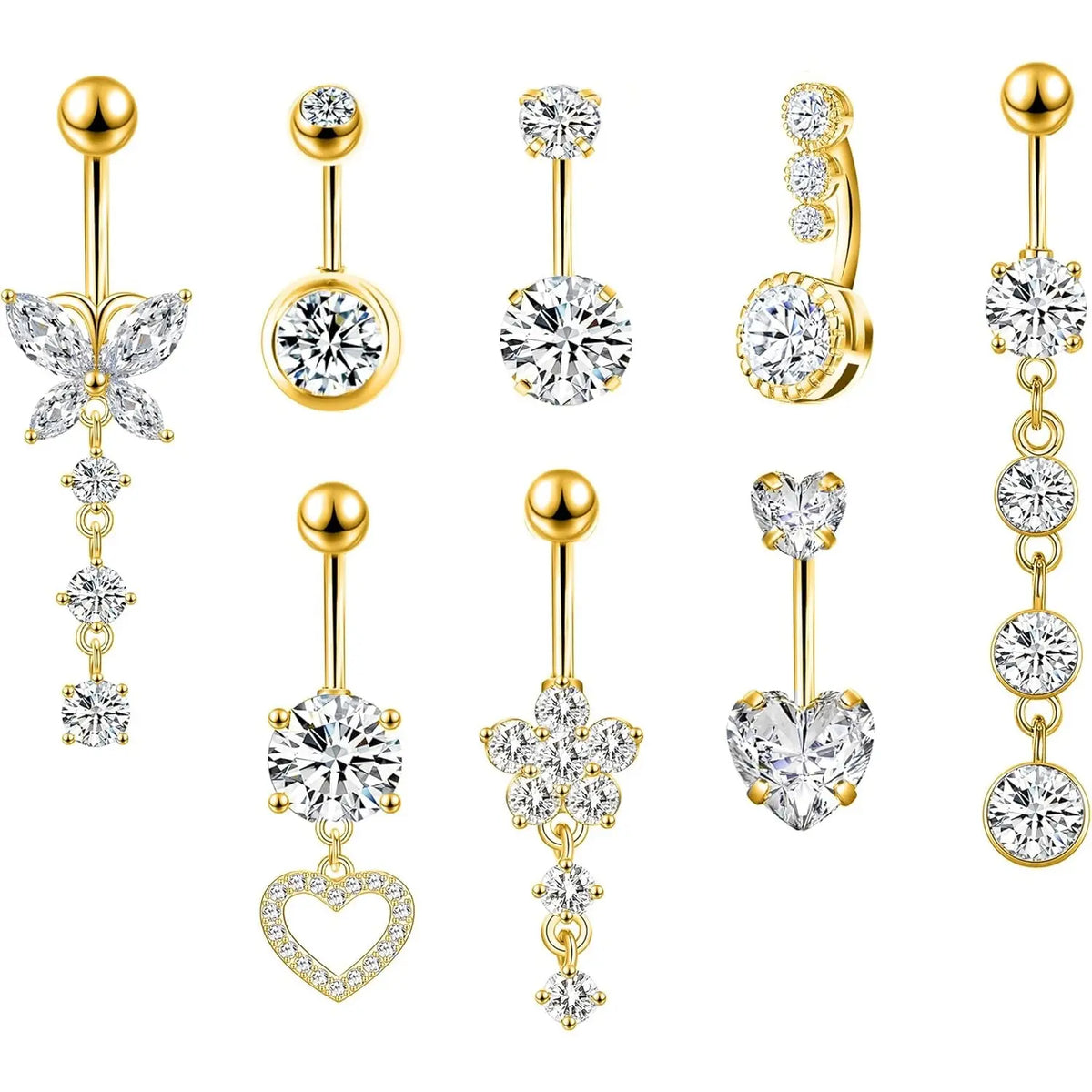 Belly Button Rings 4/5/8-Piece Stainless Steel Dangle Set - 14g Heart Design, Easy Screw On, Multiple Styles Navel Piercing Accessories