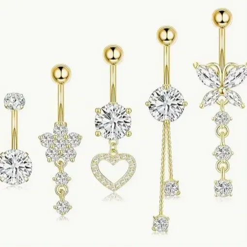 YLNWH Rhinestone Decor Belly Button Ring Navel Ring, Cute Butterfly Flower & Love Heart Charm Belly Ring, Chic Body Piercing Jewelry for Women & Girls Valentine's Day Gift