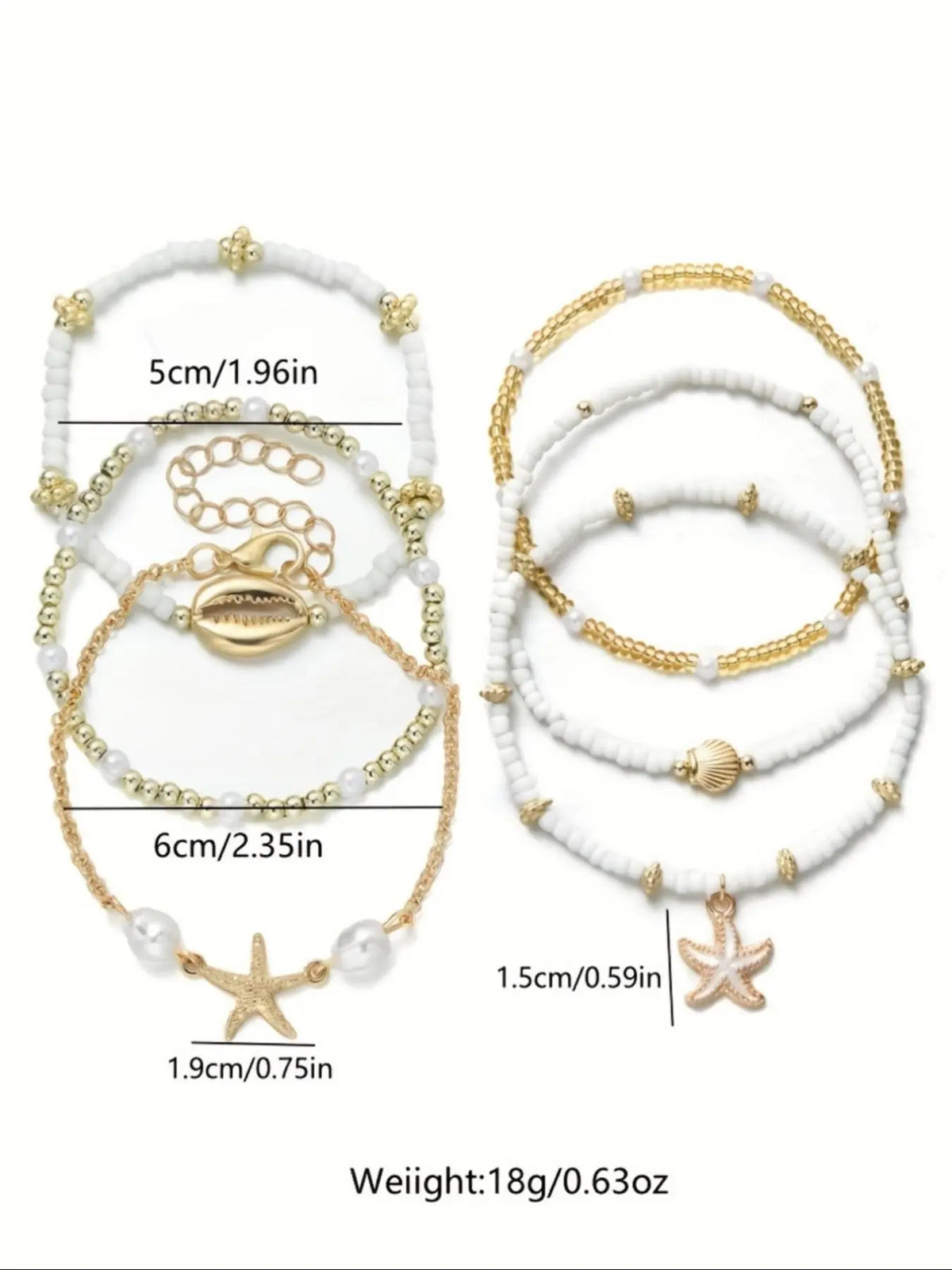 6 Pcs Bohemian Beach Style Enamel Starfish Rice Bead Anklets, Multi-layered Shell Beaded Jewelry Anklets for Casual and Vacation Wear, Boho Anklet
