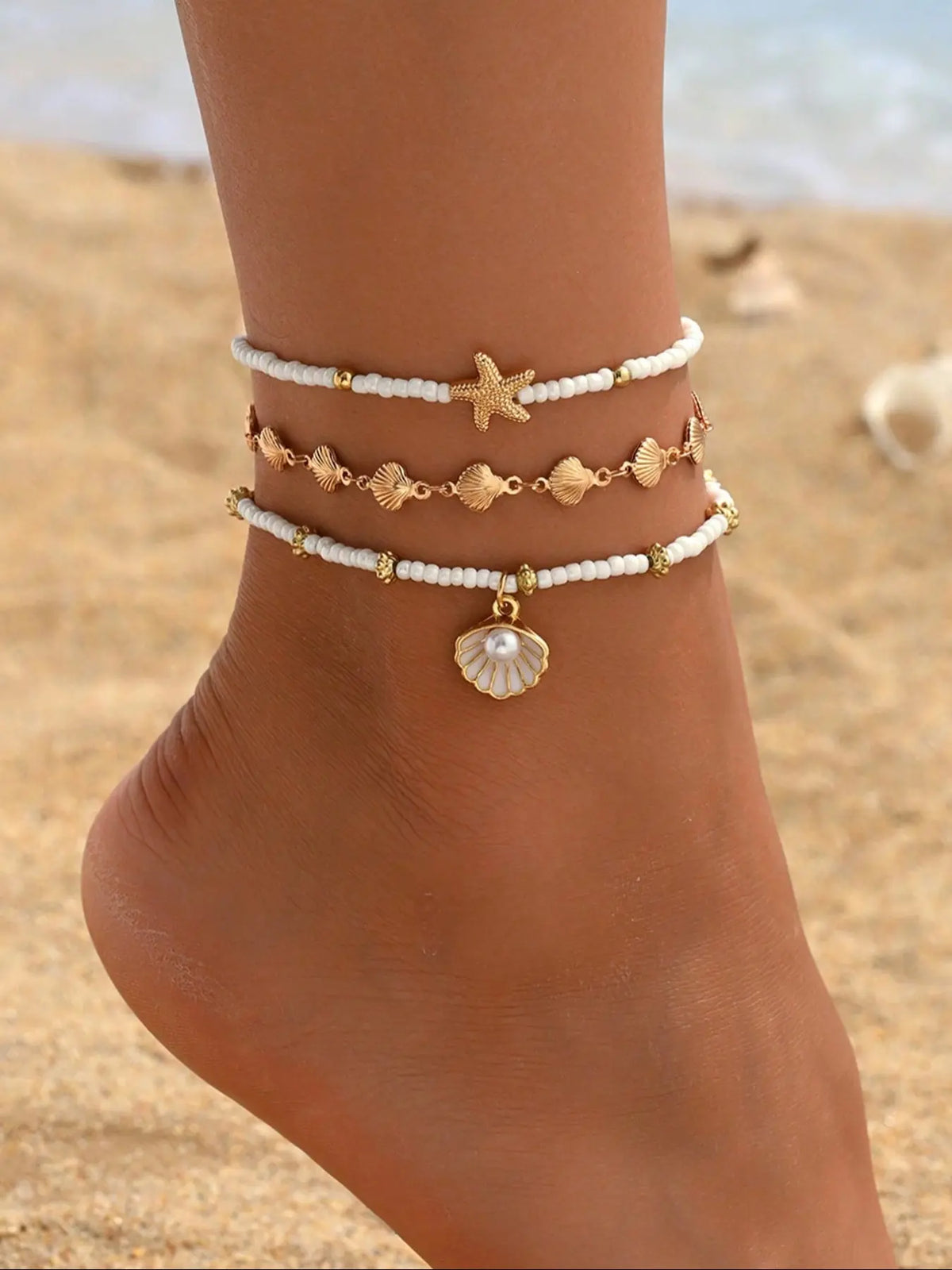 3pcs Set Summer Beach Anklets, Beaded Seashell & Starfish Pendants, Handmade Chains, Fashion Foot Jewelry for Daily Wear, Starfish Accent