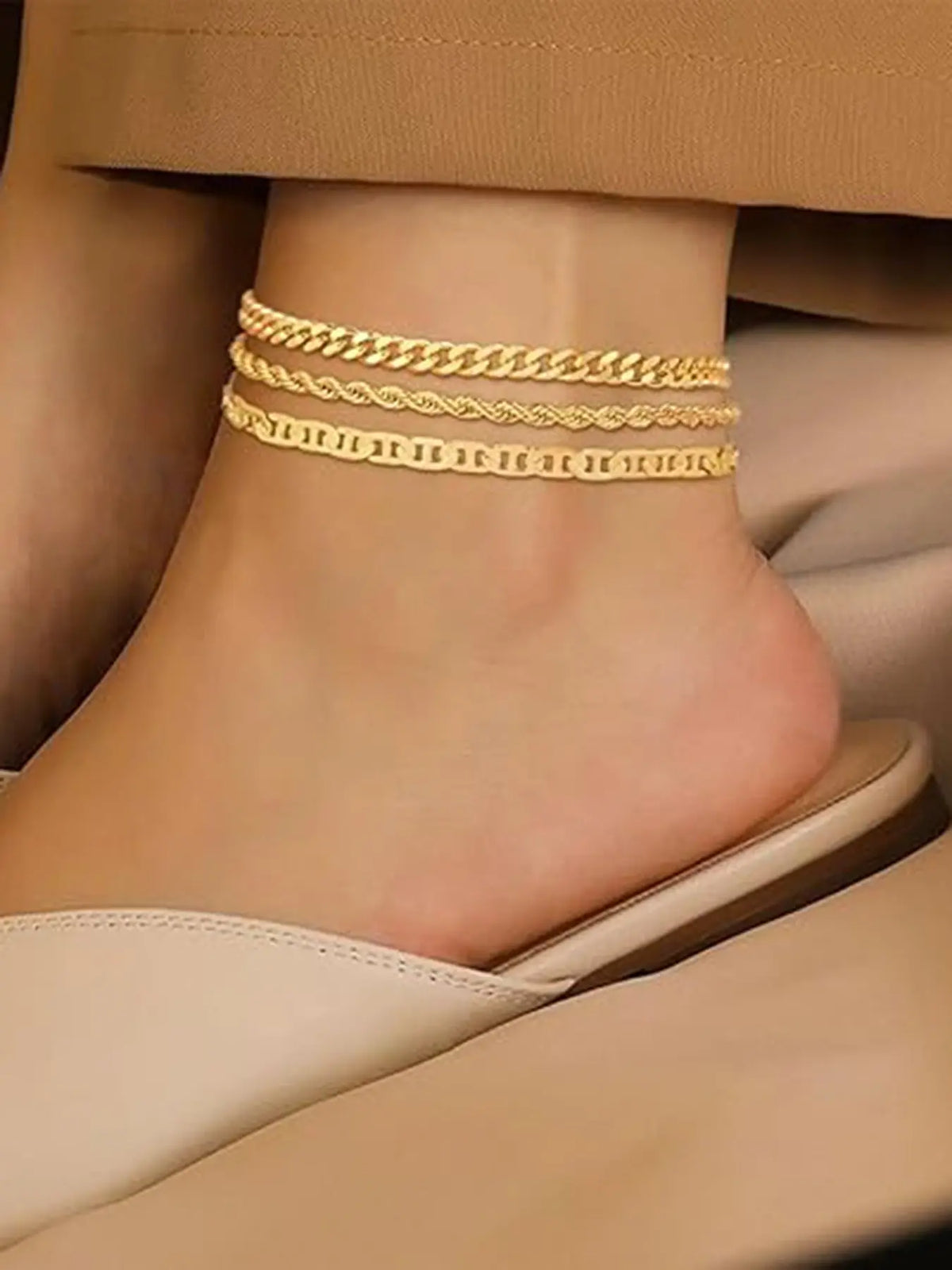 3-Piece Anklet Set: Flat Snake Chain, Fried Dough Twist Chain, and Twisted Chain — Stylish Beach & Vacation Foot Jewelry, Fashionable Jewelry for Women, Summer Jewelry, Fashion Accessories, Jewellery, Fashionable Accessory