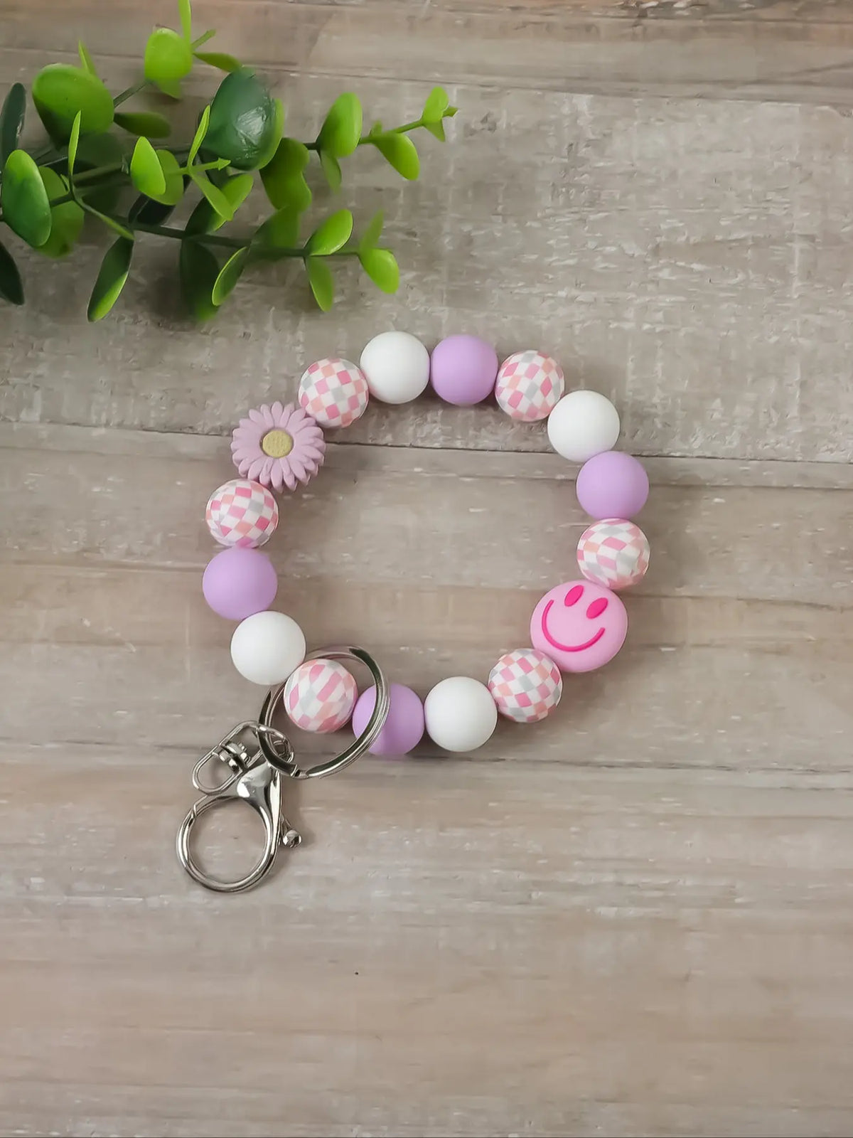 Boho Style Checkerboard Pattern Silicone Beaded Keychain, Cute Flower & Smile Face Charm, Fashion Accessories, Trendy Cute Keychain for Women & Men, Key Rings, Keyring
