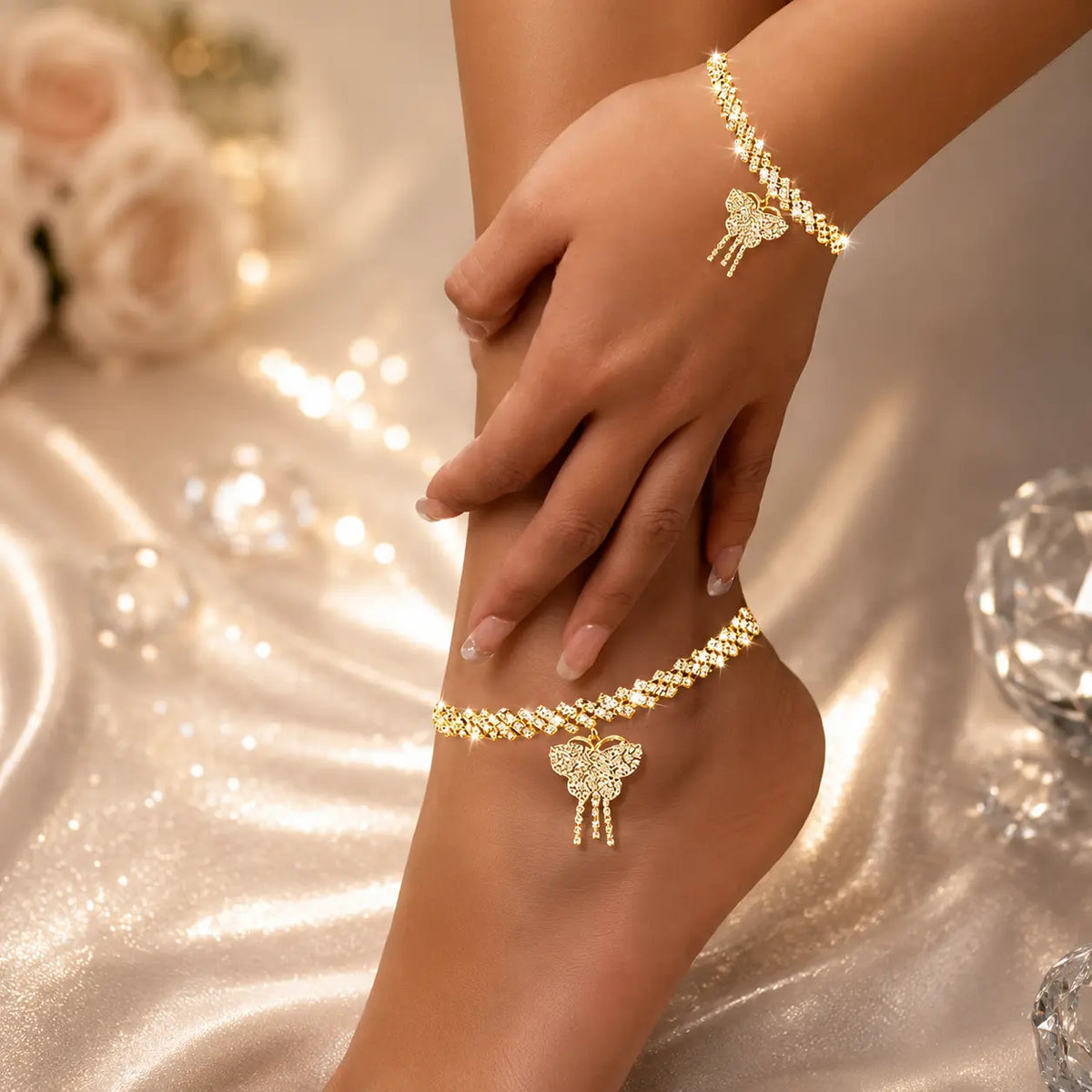 Women's 2-Piece Sparkling Claw Chain Jewelry Set - Female Bracelet & Anklet with Butterfly Charm, Bow Accent, Metal Coating (Gold, Silvery), Date-Night Glam for Engagement & Beach Parties, Arm Candy