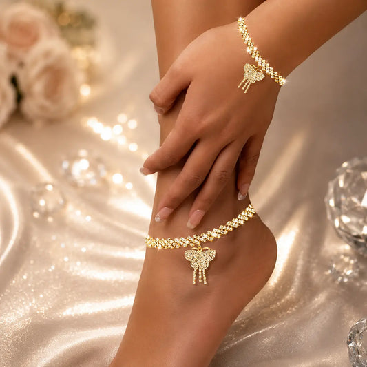 Women's 2-Piece Sparkling Claw Chain Jewelry Set - Female Bracelet & Anklet with Butterfly Charm, Bow Accent, Metal Coating (Gold, Silvery), Date-Night Glam for Engagement & Beach Parties, Arm Candy