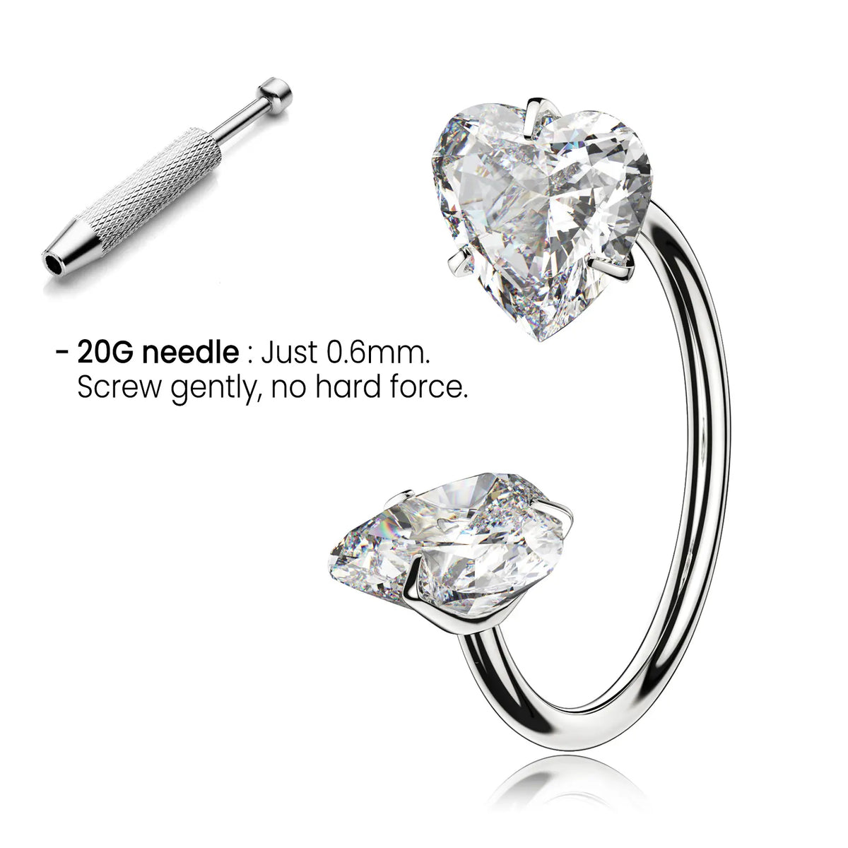 20G Titanium Heart Gems Horseshoe Nose Ring Free Auxiliary Tool Ball Holder Included - Piercing Jewelry