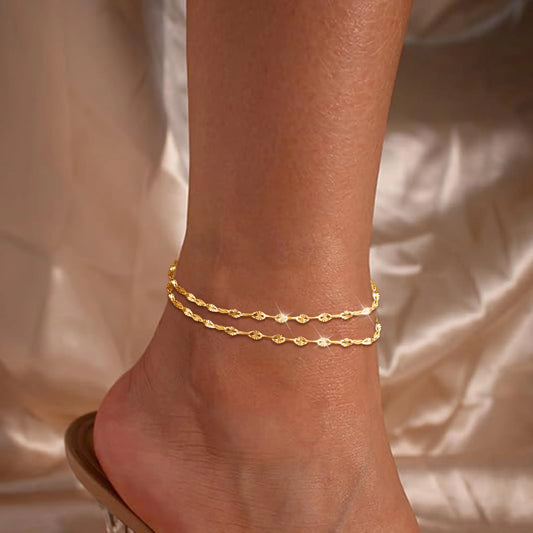 Tewiky Women's Adjustable Dainty Layered Anklets - Waterproof, Non-Tarnish Link Chain Set with Fringe, Lobster Claw Clasp, Trendy Fashionable Accessories, Cute Accessories, Gold Jewelry, Swimming Use, Gifts for Women, Anniversary, Summer Beach Gift