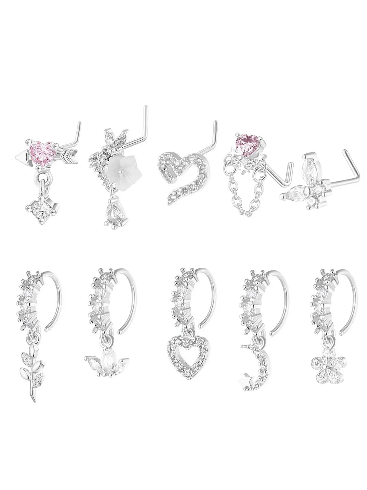 8/10/20 Pieces 20g Dangle Nose Ring, Nose Rings L Shaped, L-Shaped Hanging Stud, Stainless Steel, Cz Flower Pendant, Women's Nose Jewelry, All Seasons