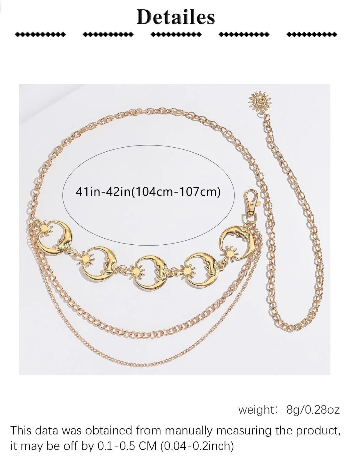 Women's Layered Metal Chain Belt, Gold‑Tone or Silver‑Tone Waist Chain with Moon and Sun Charms, Adjustable Decorative Body Jewelry for Dresses, Skirts, Parties, and Festival Outfits