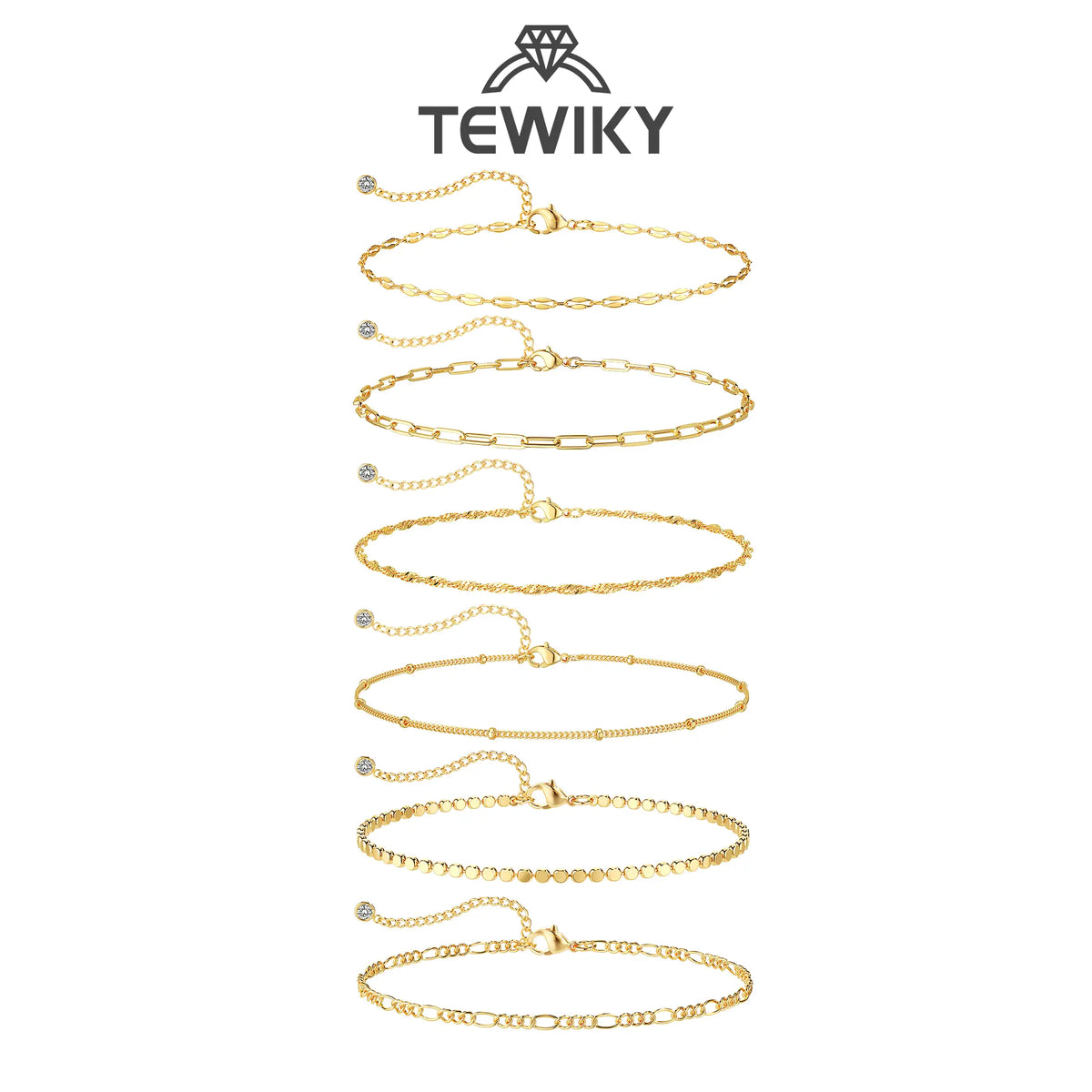 TEWIKY Waterproof Ankle Bracelets for Women,  Women 6PCS Thiny Herringbone Box Paperclip Figaro Cuban Link Anklet Set Dainty Gold Jewelry for Women Cute Summer Beach Jewelry For Valentine's Day gifts Gold Plated