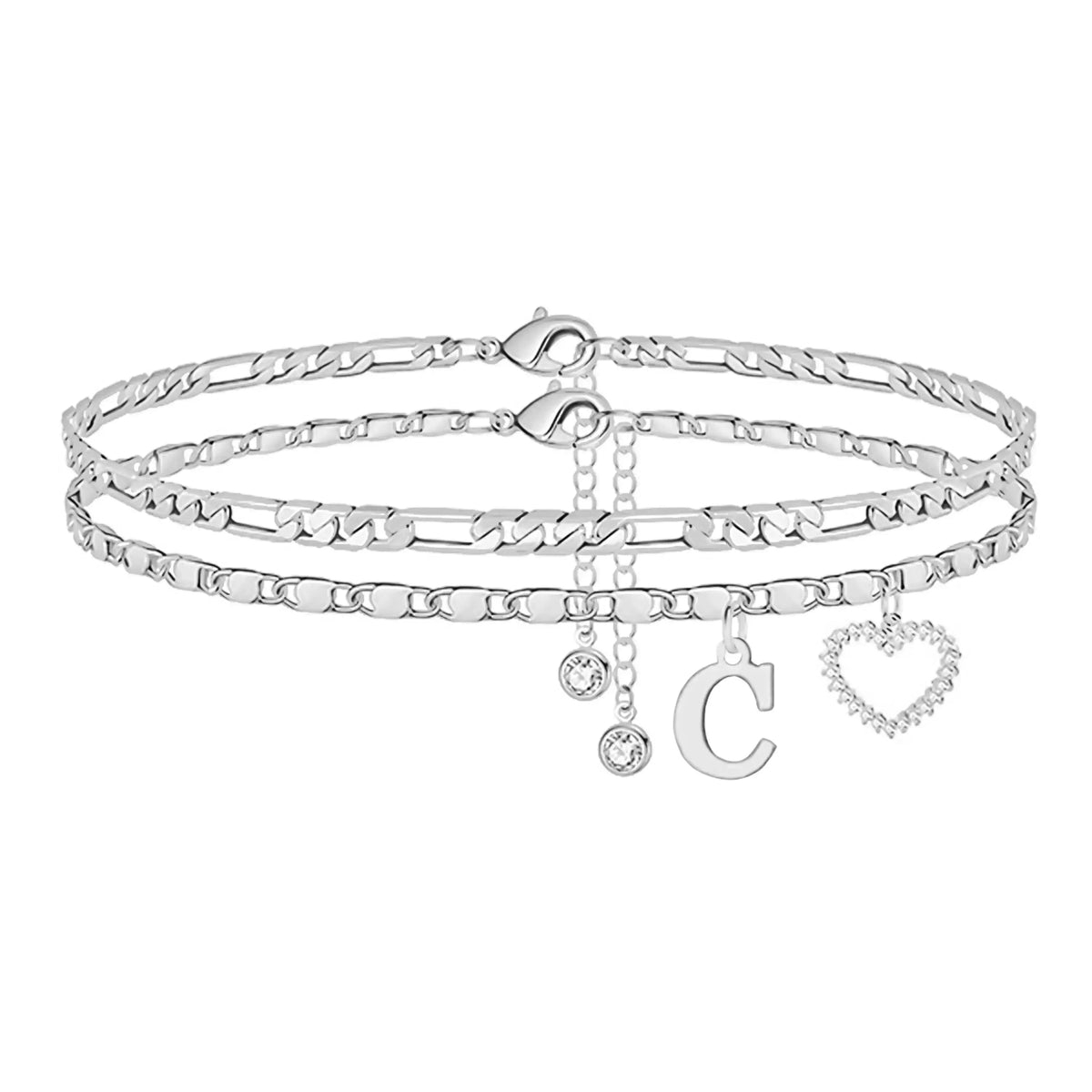 Women's Personalized Initial Alphabet Theme Anklet - Double Layer Gold Metal Coating Heart Charm, Adjustable Dainty Minimalist Stackable Chain, Aesthetic Alt Fashion Jewelry, Holiday Gift Idea, Fashion Accessories