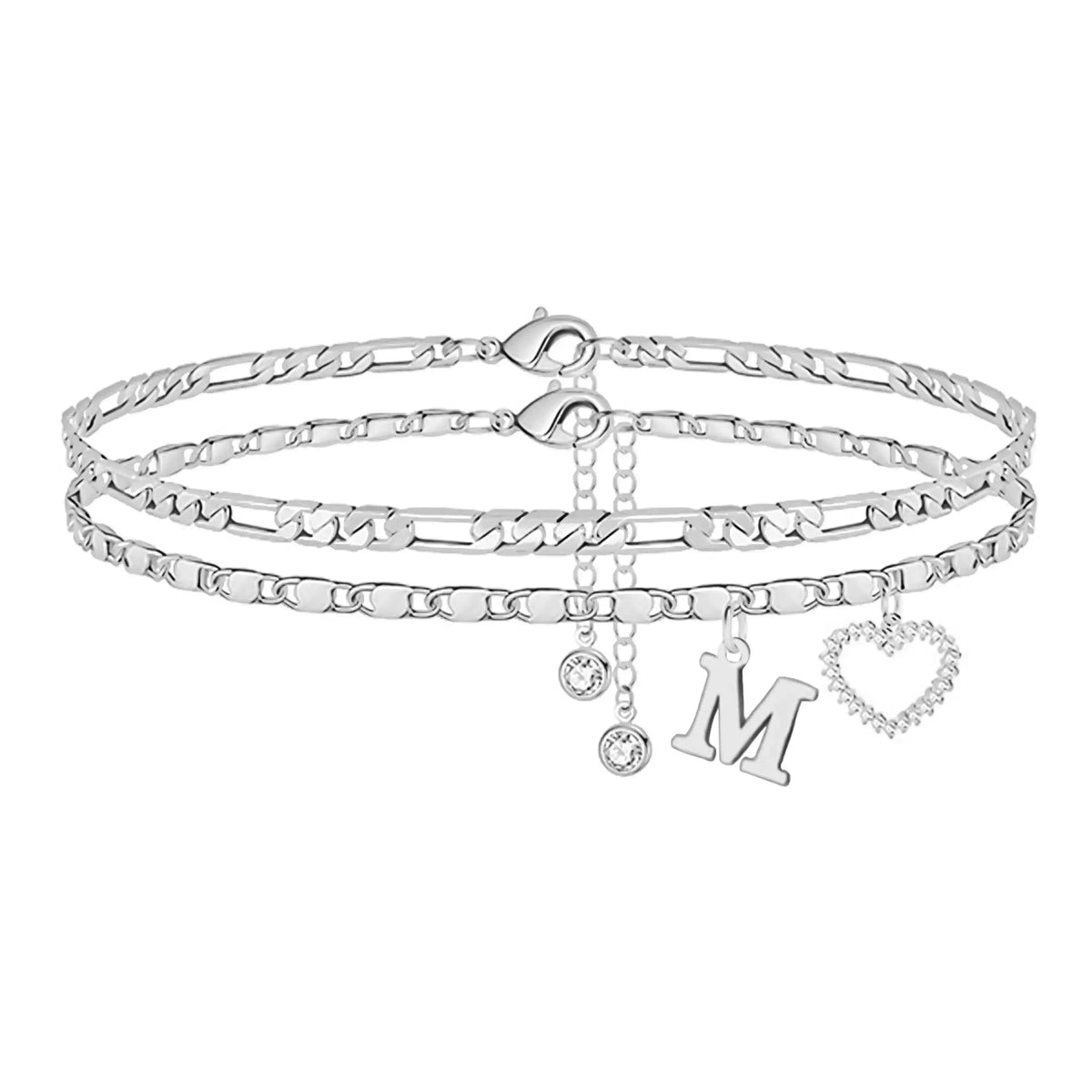 Women's Personalized Initial Alphabet Theme Anklet - Double Layer Gold Metal Coating Heart Charm, Adjustable Dainty Minimalist Stackable Chain, Aesthetic Alt Fashion Jewelry, Holiday Gift Idea, Fashion Accessories