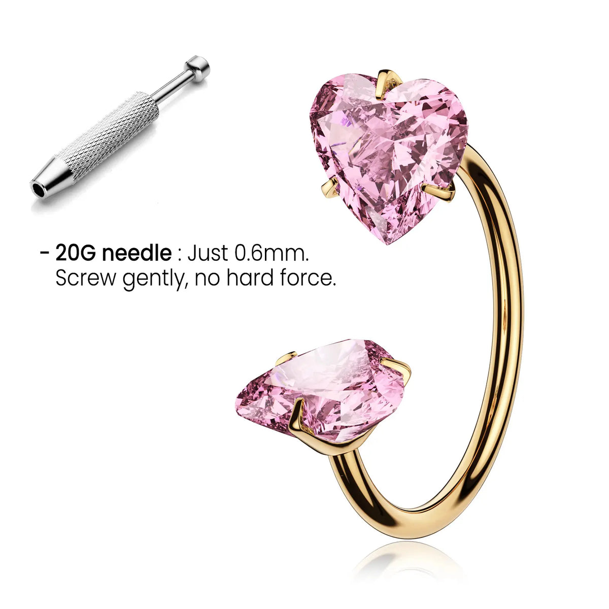20G Titanium Heart Gems Horseshoe Nose Ring Free Auxiliary Tool Ball Holder Included - Piercing Jewelry