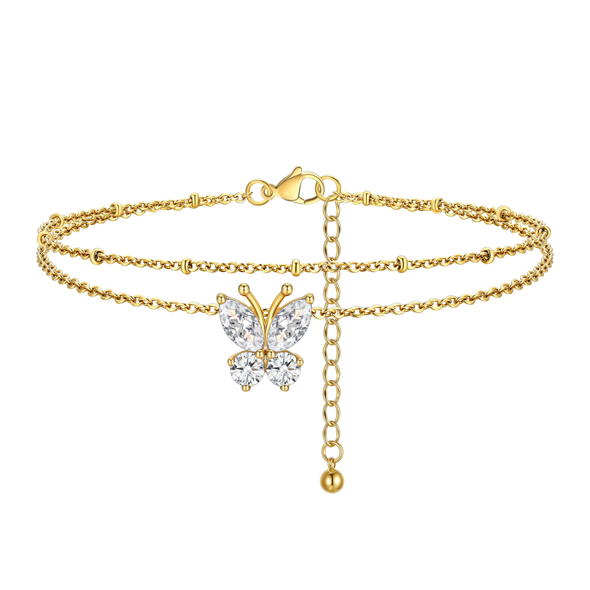 FindChic Women's Trendy Fashionable Accessories 2-Layered Non-Tarnish Tarnish-Proof Butterfly Birthstone Anklet, Zircon-Inlaid Cubic Zirconia Bling Jewellery for Adults, Summer Beach Daily Gift Ankle Bracelet