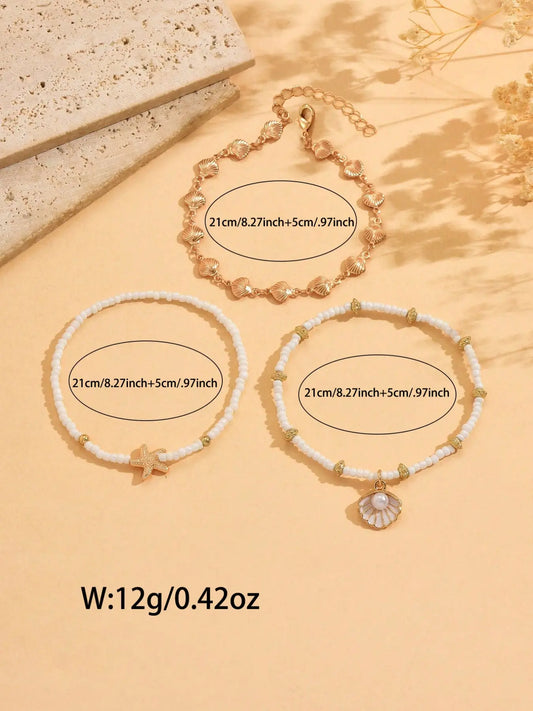 3pcs Set Summer Beach Anklets, Beaded Seashell & Starfish Pendants, Handmade Chains, Fashion Foot Jewelry for Daily Wear, Starfish Accent
