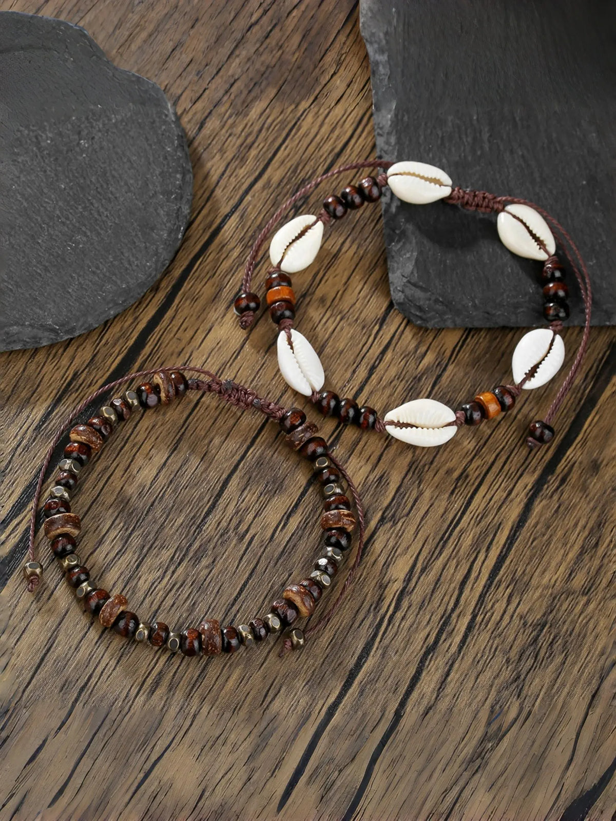 Boho Ethnic Shell Wood Bead Coconut Shell Beaded Anklet, Adjustable Woven Beach Vacation Bracelet, Men's Fashion Jewelry