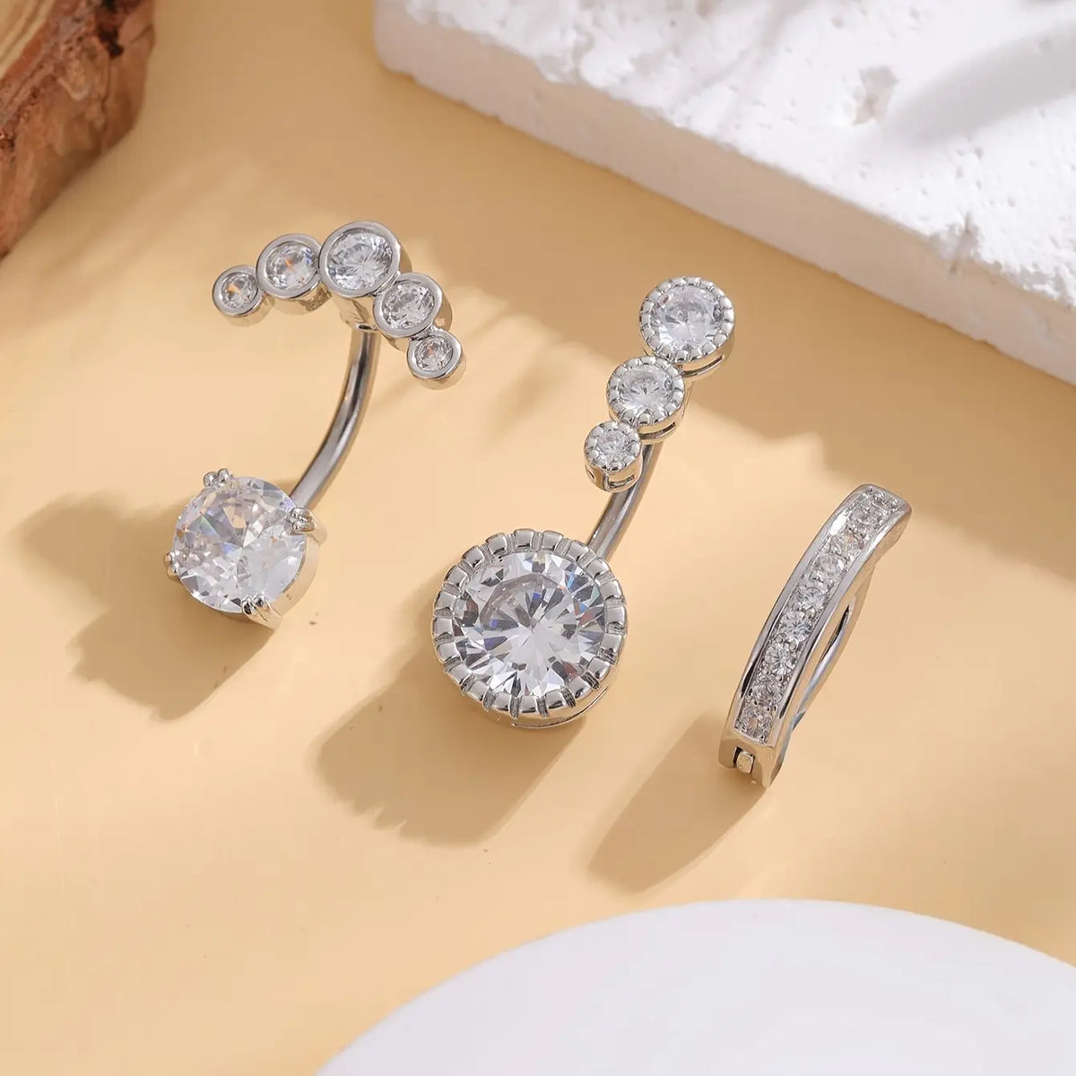 3PCS Stainless Steel Belly Button Rings Set Exquisite Shiny Synthetic Zirconia Inlay Women's Navel Pins Body Piercings Jewelry Fashion Party Accessory