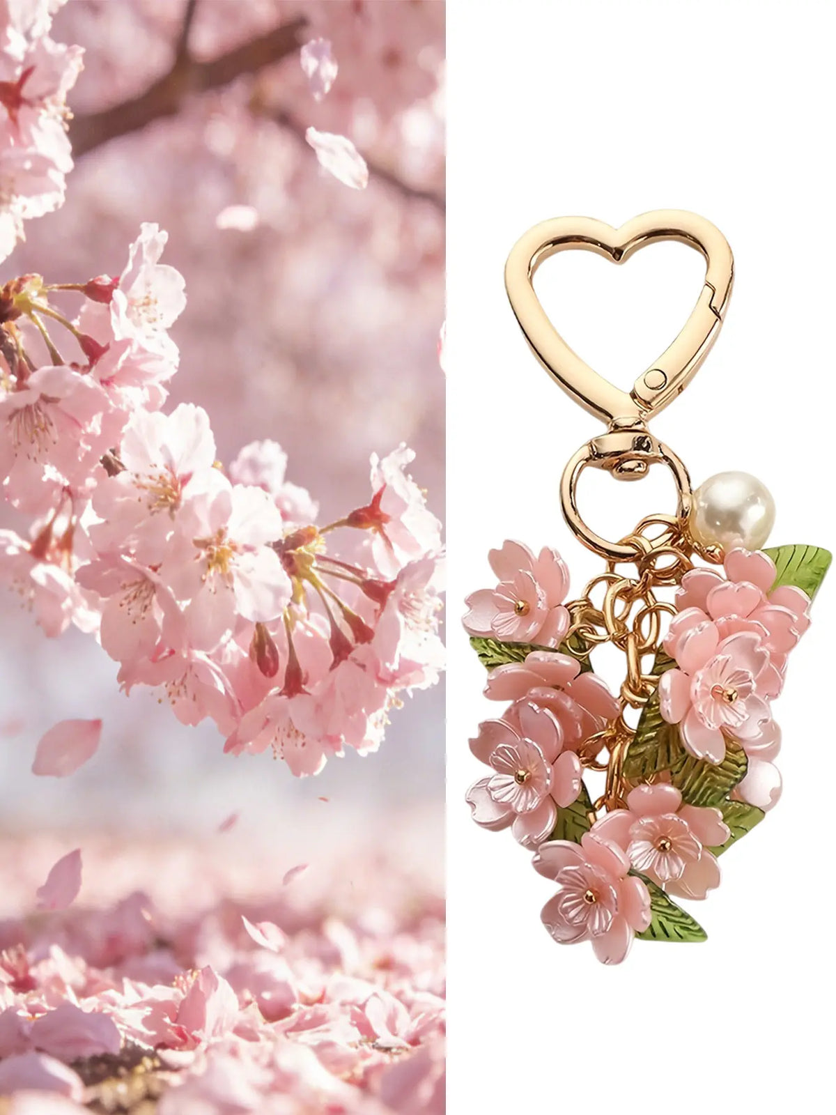 Romantic Heart-Shaped Cherry Keychain, Pink Enamel Cherry Blossom Pendant, Trendy Cute Keychain, Faux Pearl & Flower Clusters Bag Charm Keyring Accessory Valentine/Mother's Day, Aesthetic Keychain