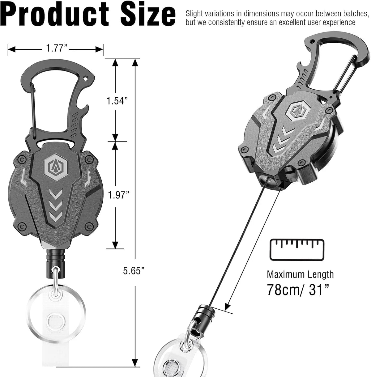 Men's 2-Pack Heavy Duty Magnetic Retractable Carabiner Keychain - Military Tactical Uniform ID Badge Holder, 31" Length Dyneema Cord, Unbreakable Sandwich Construction, 25oz Bearing, Adventure Outdoor Gear, Backpack Accessory Gift for Male Use