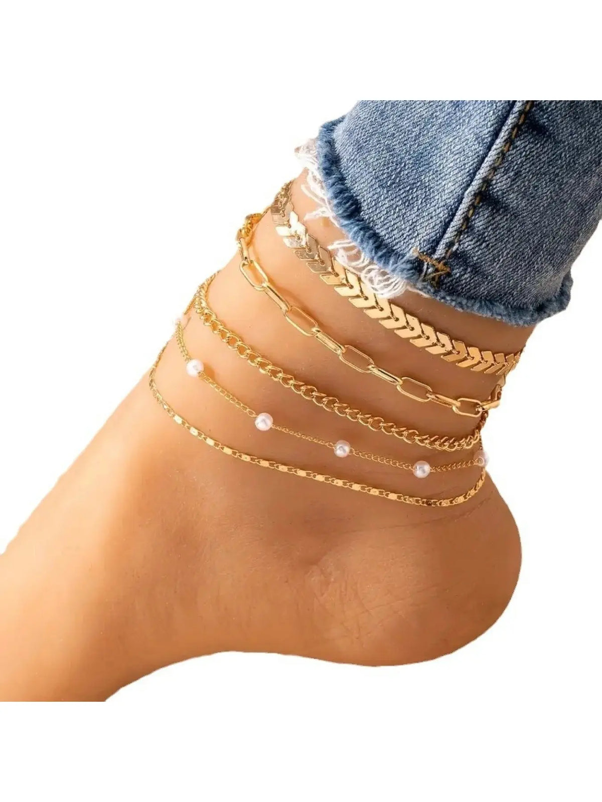 5Pcs Gold Layered Anklet Set for Women, Mixed Chevron Paperclip Cuban Pearl Chain Ankle Bracelets, Boho Dainty Stackable Anklets for Summer Beach Vacation Party Birthday Jewelry Gift, Fashionable Jewelry Accessories, Fashion Accessories
