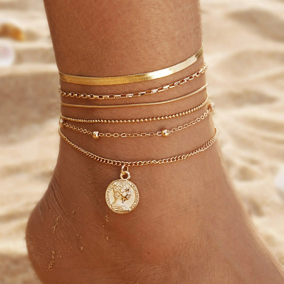 Female Women's Layered Gold Nylon Anklets Set - Retro Coin, Star, Butterfly Heart, Boho Pearl, Infinity Pendant Fashion Chic Accessories, Trendy Wearable Jewelry, Elegant Beach Summer Holiday Gift