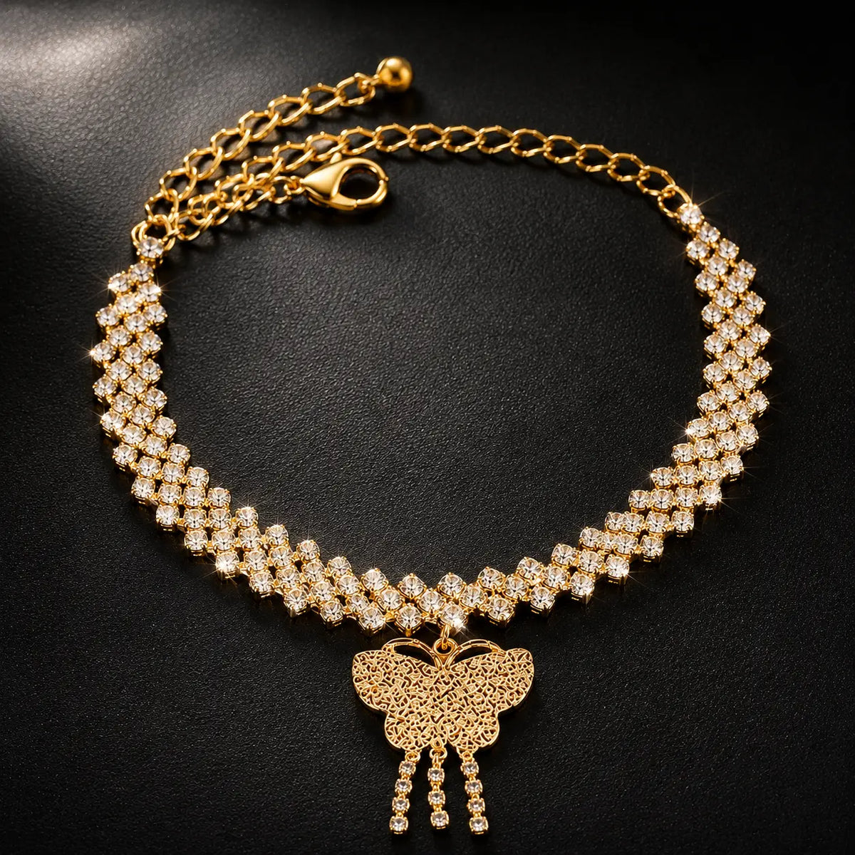 Women's 2-Piece Sparkling Claw Chain Jewelry Set - Female Bracelet & Anklet with Butterfly Charm, Bow Accent, Metal Coating (Gold, Silvery), Date-Night Glam for Engagement & Beach Parties, Arm Candy