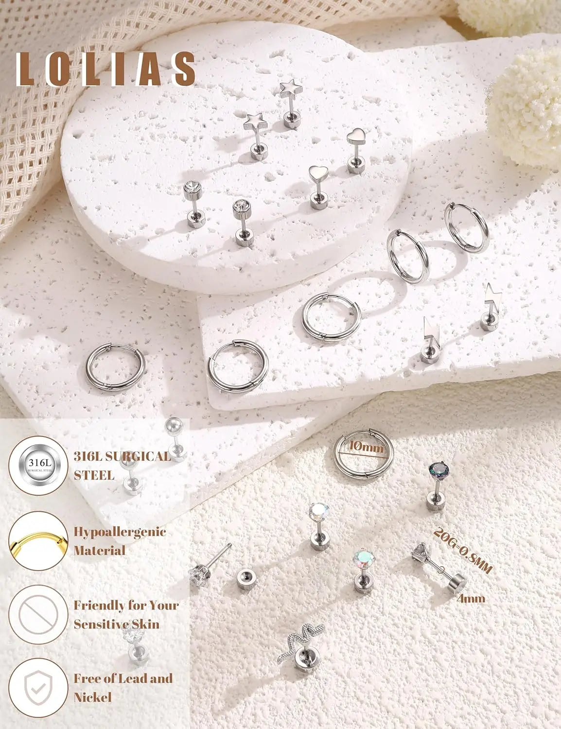 LOLIAS Women's 33Pcs 20G Surgical Steel Cartilage Earring Set - Hypoallergenic Flat Back/Push Back Studs, Hoops, 7 Chain Dangles, Trendy Iridescent Chain, CZ Opal Jewelry for Conch Piercings, Earring Stack, 10mm, Birthday Gift, Body Piercing Kit