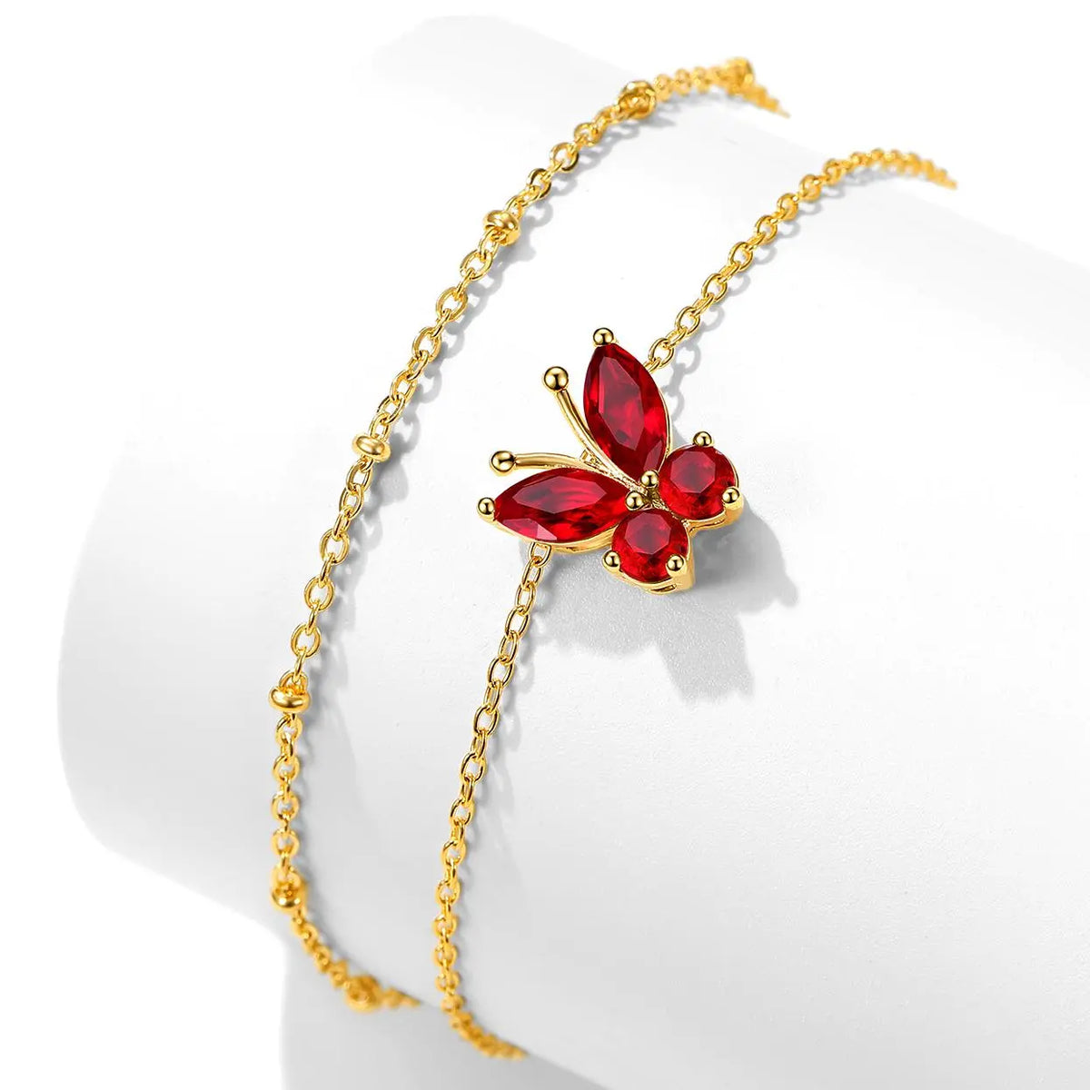 FindChic Women's Trendy Fashionable Accessories 2-Layered Non-Tarnish Tarnish-Proof Butterfly Birthstone Anklet, Zircon-Inlaid Cubic Zirconia Bling Jewellery for Adults, Summer Beach Daily Gift Ankle Bracelet