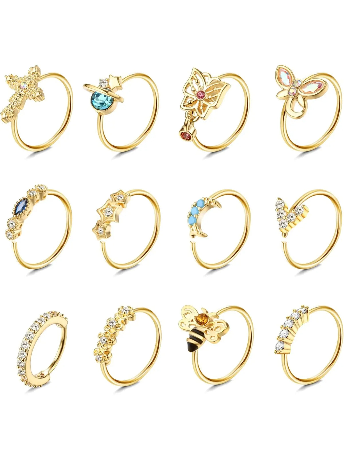 12 Pieces Decorative Nose Hoop Rings, 20-Gauge Surgical Stainless Steel Dangle Nose Rings for Women, Cartilage Earring, Ear and Body Piercing Jewelry