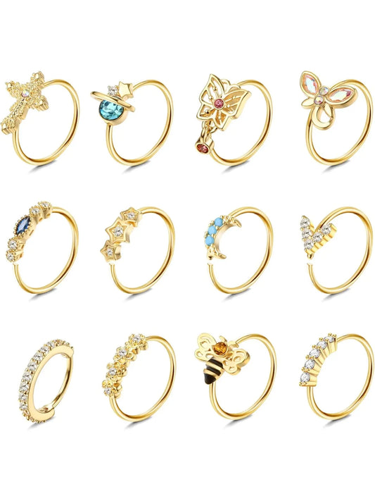 12 Pieces Decorative Nose Hoop Rings, 20-Gauge Surgical Stainless Steel Dangle Nose Rings for Women, Cartilage Earring, Ear and Body Piercing Jewelry