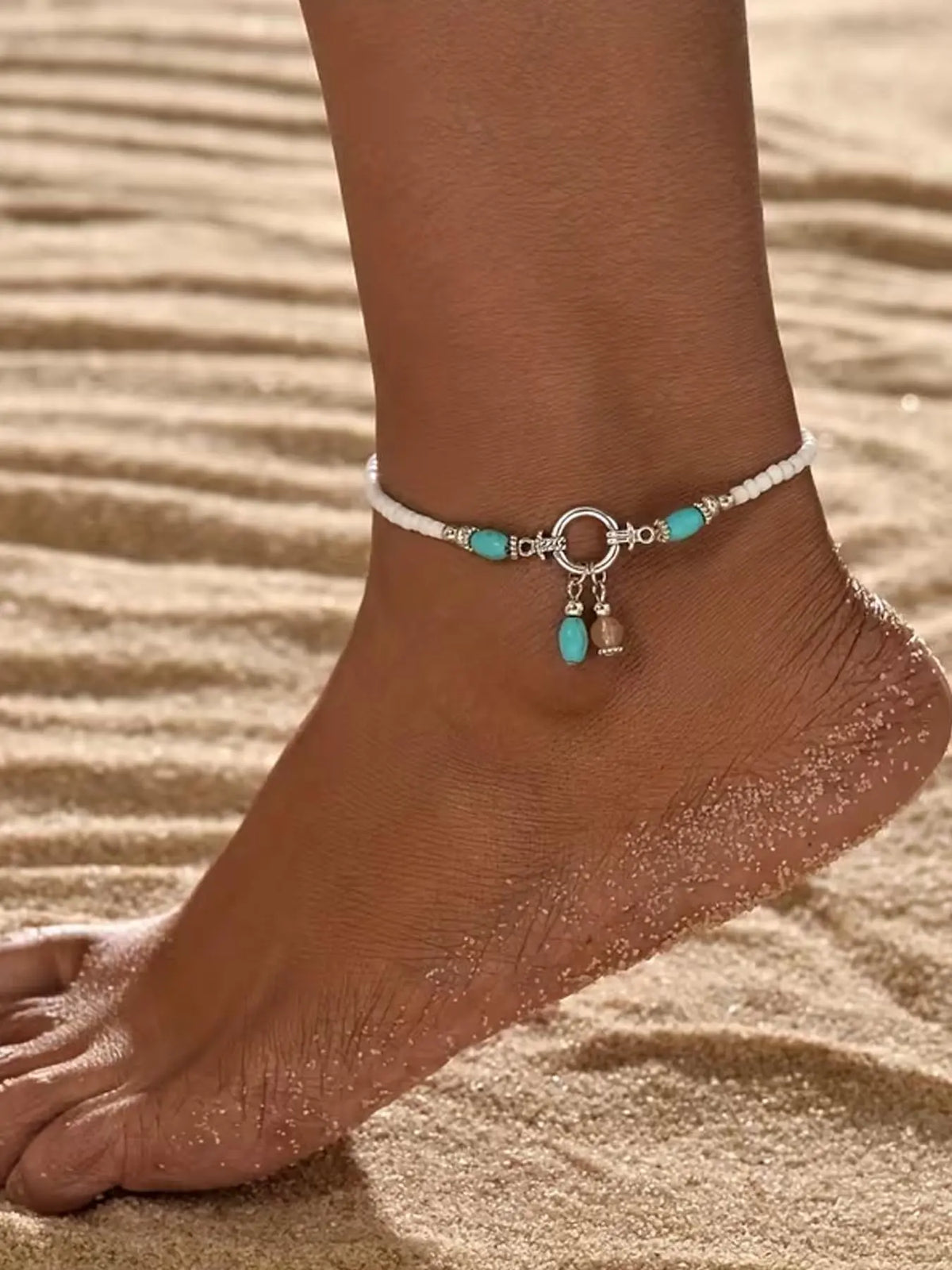 1pc Retro Imitation Turquoise Blue Pendant Anklet, Fashionable Bohemian Single-layer Beaded Anklet, Suitable for Vacation Beach Style, Travel Fashion Items, Fashionable Accessory, Gifts for Ladies, Boho Anklet, Jewelry, Jewellery