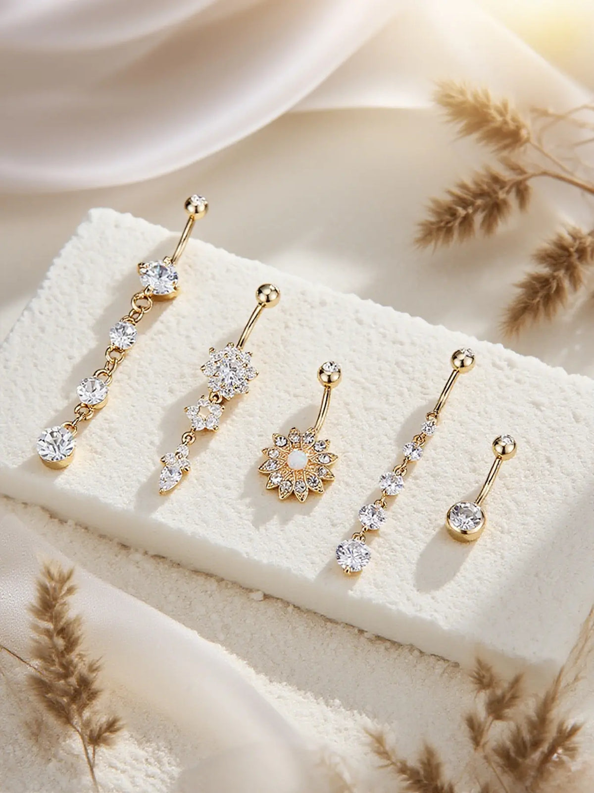 Women's Belly Button Rings Set, Navel Ring, Artificial Zircon Flower Design, Fashion Jewelry for Party & Vacation Wear, Body Piercing Accessories, High Quality Jewelry, Body Jewellery