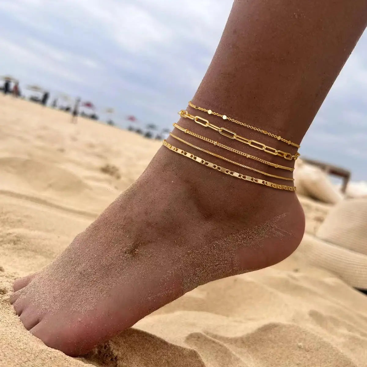 FREEKISS Waterproof Ankle Bracelets For Women 6PCS Thiny Herringbone Box Paperclip Bead Figaro Cuban Link Anklet Set Dainty Jewelry For Women Cute Summer Beach Jewelry Chains Beaded anklet Layers Textured
