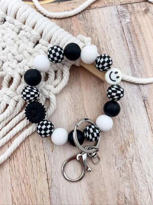 Boho Style Checkerboard Pattern Silicone Beaded Keychain, Cute Flower & Smile Face Charm, Fashion Accessories, Trendy Cute Keychain for Women & Men, Key Rings, Keyring