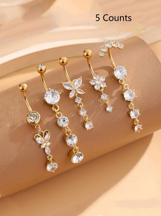 Women's Elegant Butterfly & Flower Design Belly Rings, Stainless Steel Belly Button Rings, Cute Trendy Belly Piercing Jewelry, Navel Piercing Jewelry, Fashion Body Jewelry, Body Jewellery for Party & Daily Decor