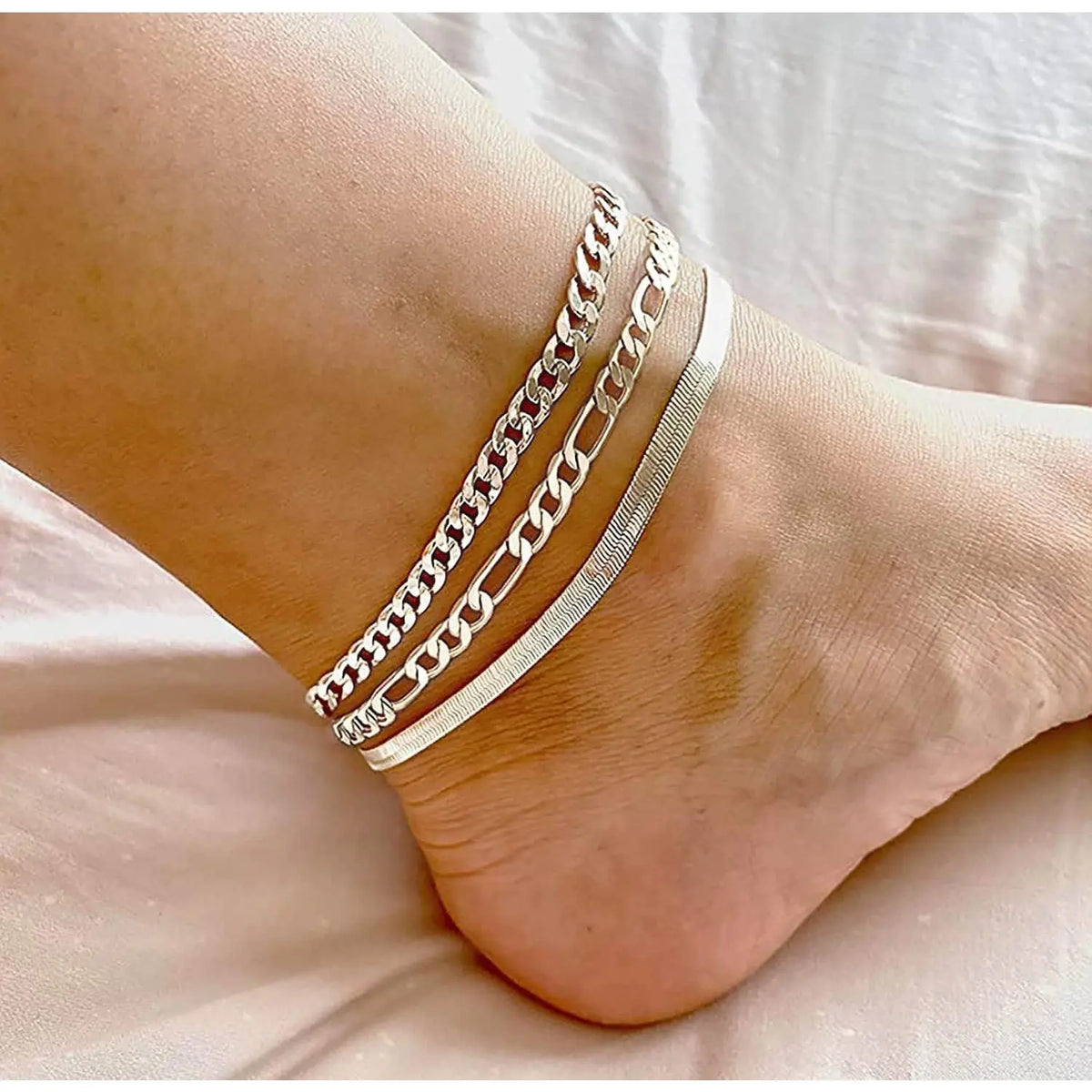 Women's 3-Piece Silver Layered Anklets Set - Waterproof Cuban Links, Figaro & Herringbone Chains, Hypoallergenic Skin-Safe Metals, Adjustable 8.5-11 in, Daily Wear with Style Beachwear Jewelry for Females